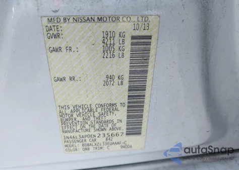 2014 Nissan Altima 2.5 Sl z USA, uszkodzony, nr VIN 1N4AL3AP0EN235667